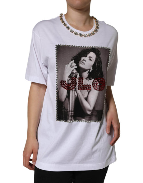 Dolce & Gabbana White Crystal Neckline Embellished Printed T-shirt - Hilstor