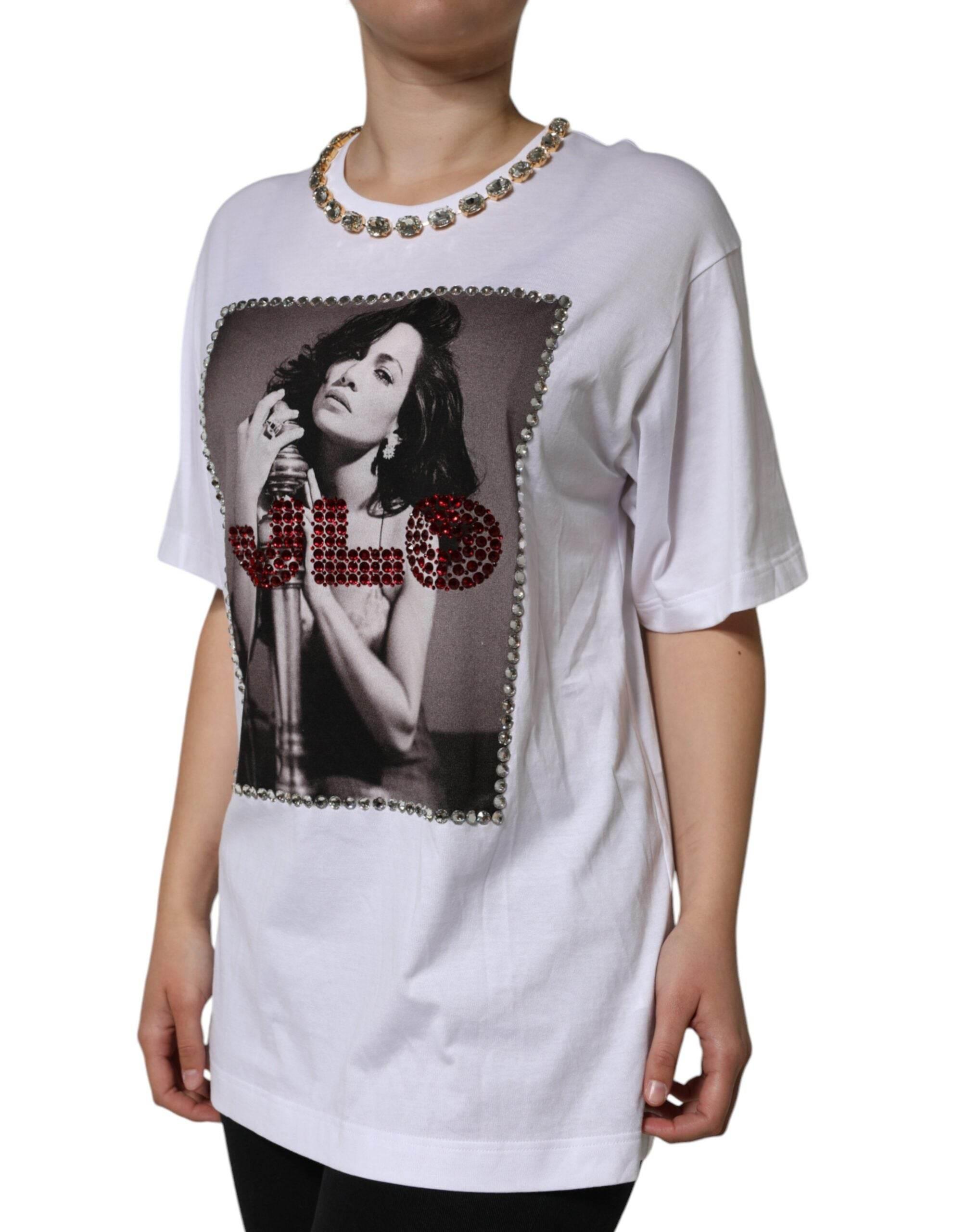 Dolce & Gabbana White Crystal Neckline Embellished Printed T-shirt - Hilstor