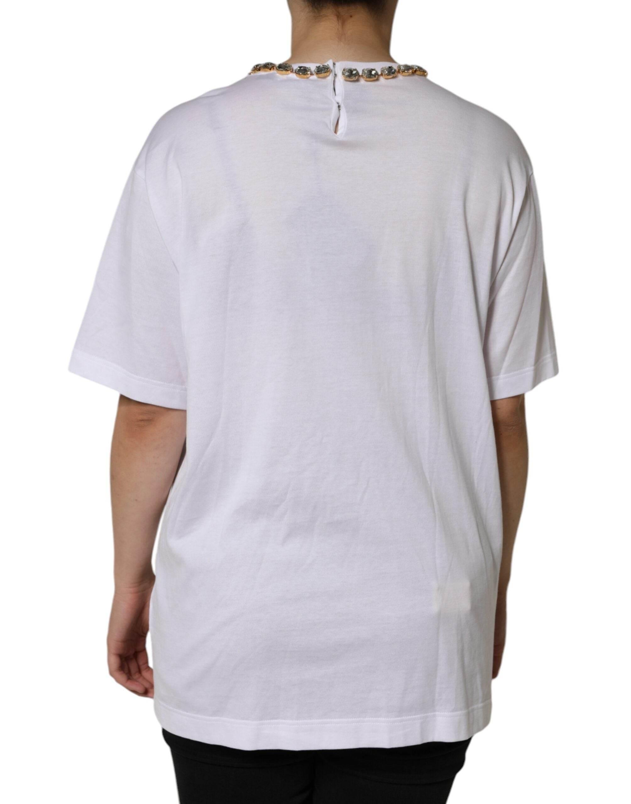 Dolce & Gabbana White Crystal Neckline Embellished Printed T-shirt - Hilstor