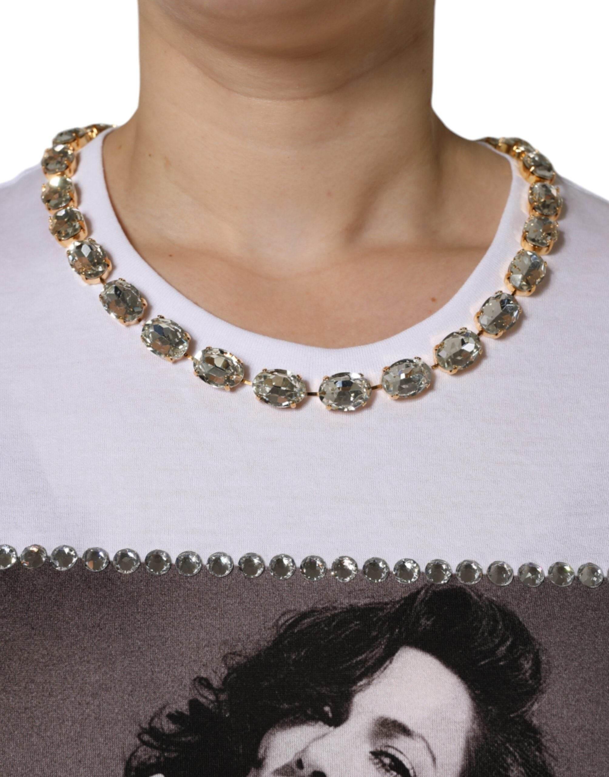 Dolce & Gabbana White Crystal Neckline Embellished Printed T-shirt - Hilstor