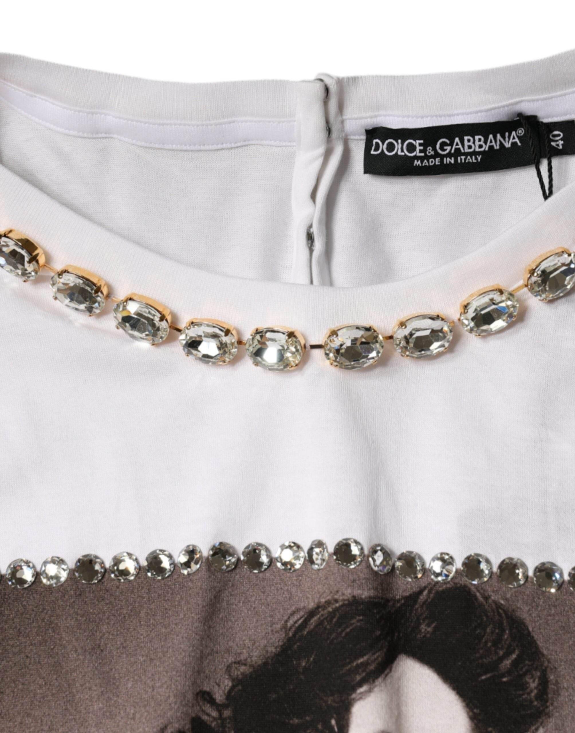 Dolce & Gabbana White Crystal Neckline Embellished Printed T-shirt - Hilstor