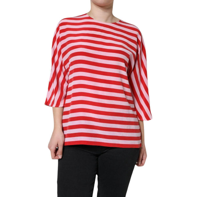 Dolce & Gabbana White Red Striped Silk Round Neck T-shirt - Hilstor