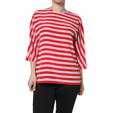 Dolce & Gabbana White Red Striped Silk Round Neck T-shirt - Hilstor