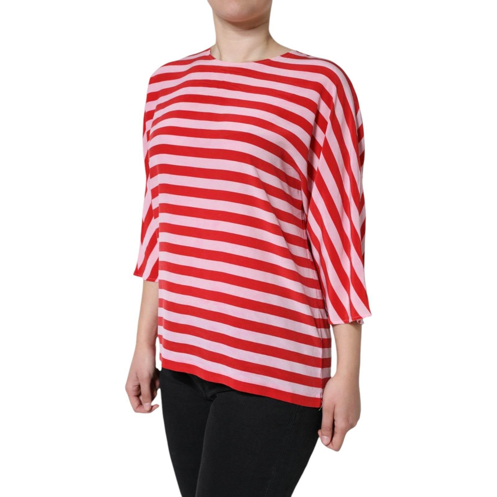 Dolce & Gabbana White Red Striped Silk Round Neck T-shirt - Hilstor
