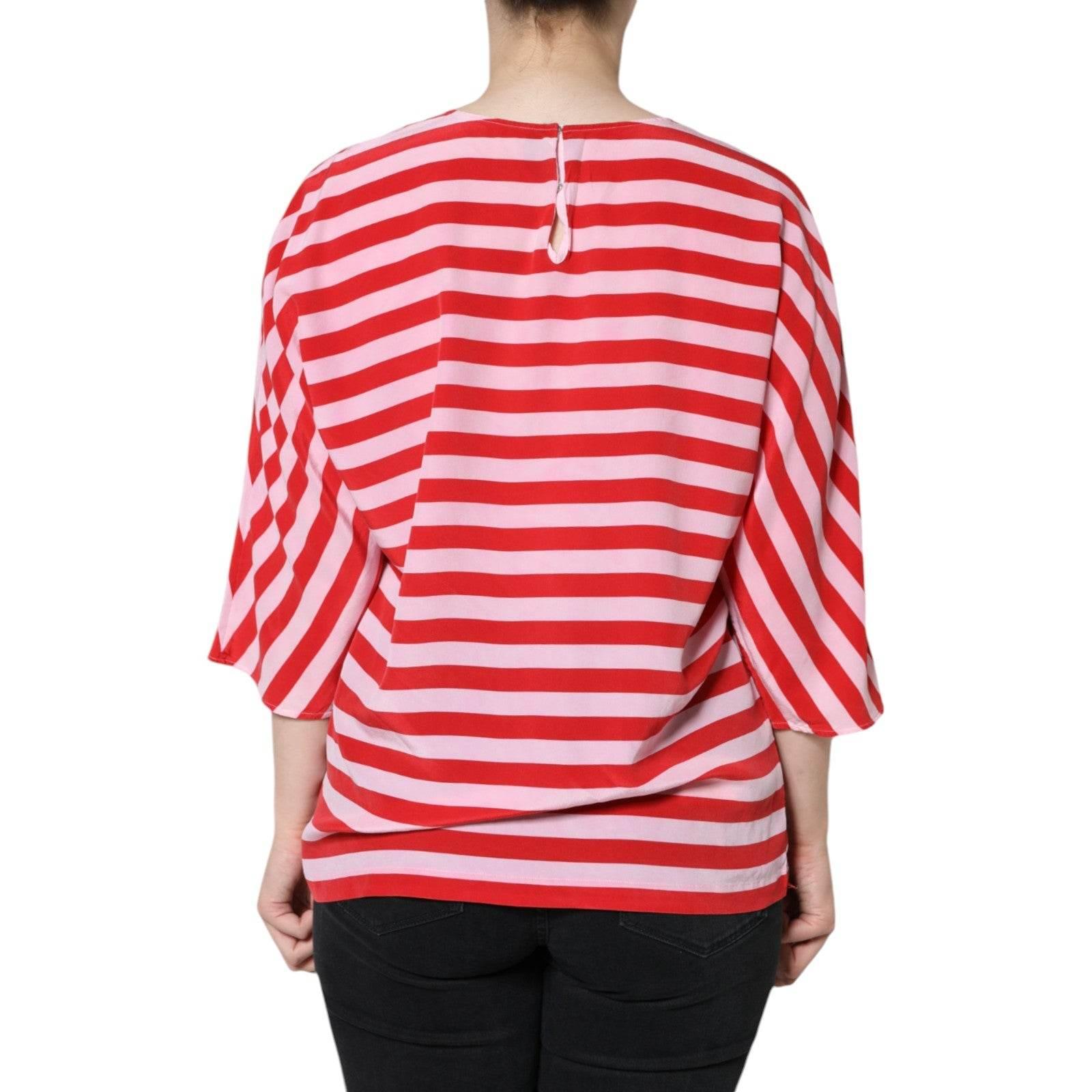 Dolce & Gabbana White Red Striped Silk Round Neck T-shirt - Hilstor