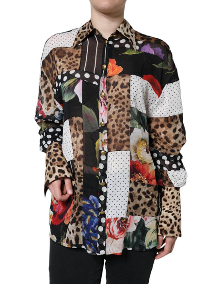 Dolce & Gabbana Multicolor Patchwork Silk Collared Blouse Top - Hilstor