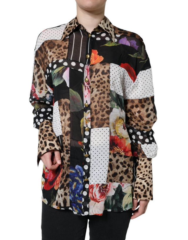 Dolce & Gabbana Multicolor Patchwork Silk Collared Blouse Top - Hilstor