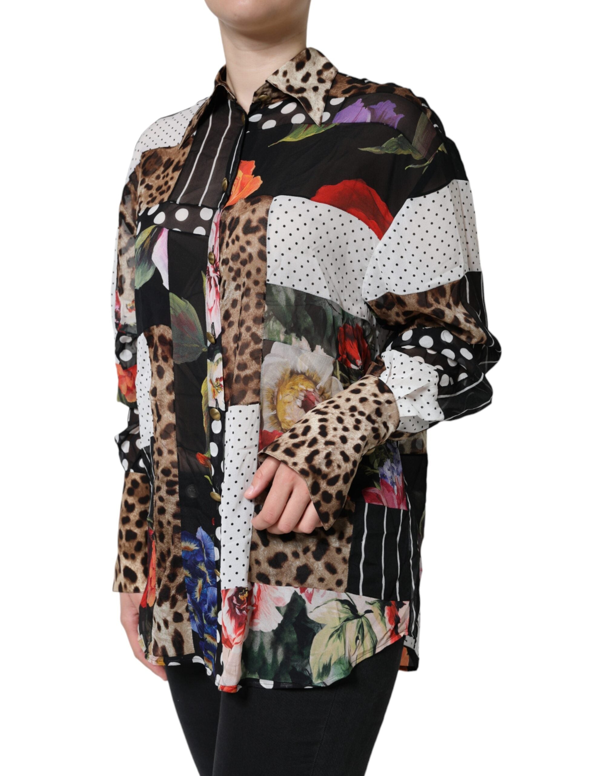Dolce &amp; Gabbana Multicolor Patchwork Silke Collared Bluse Top