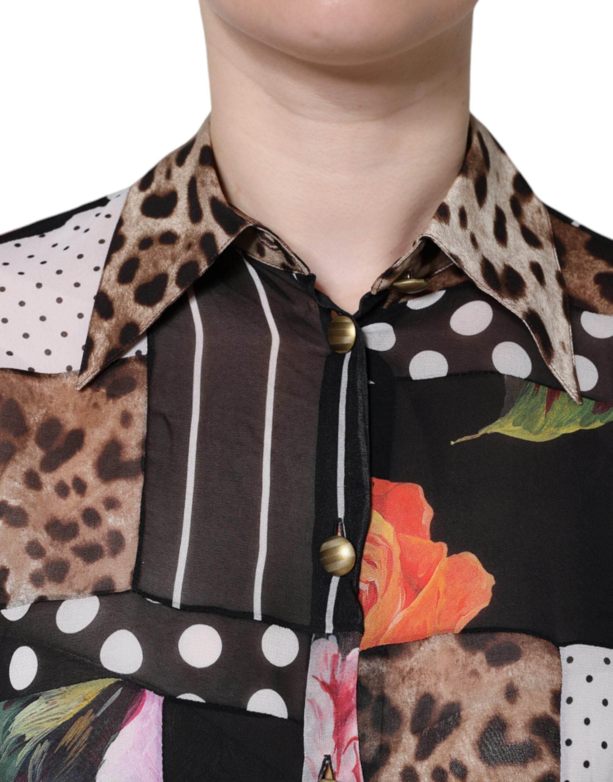 Dolce & Gabbana Multicolor Patchwork Silk Collared Blouse Top - Hilstor