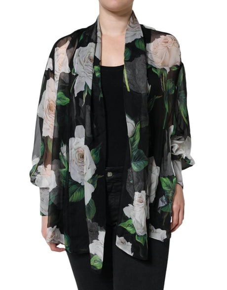 Dolce & Gabbana Black Floral Print Silk Cardigan Blouse Top - Hilstor