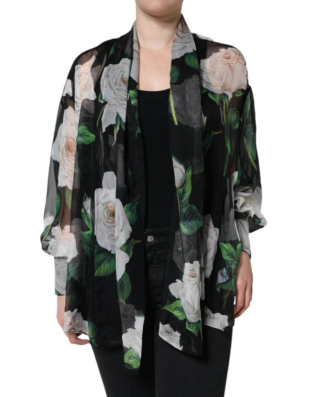 Dolce & Gabbana Black Floral Print Silk Cardigan Blouse Top - Hilstor