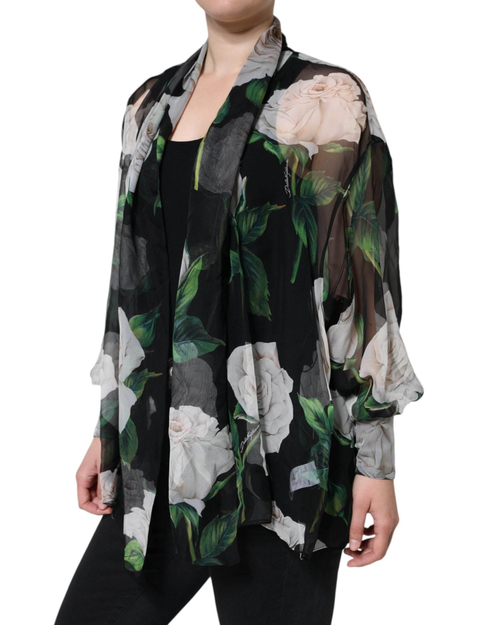 Dolce & Gabbana Black Floral Print Silk Cardigan Blouse Top - Hilstor