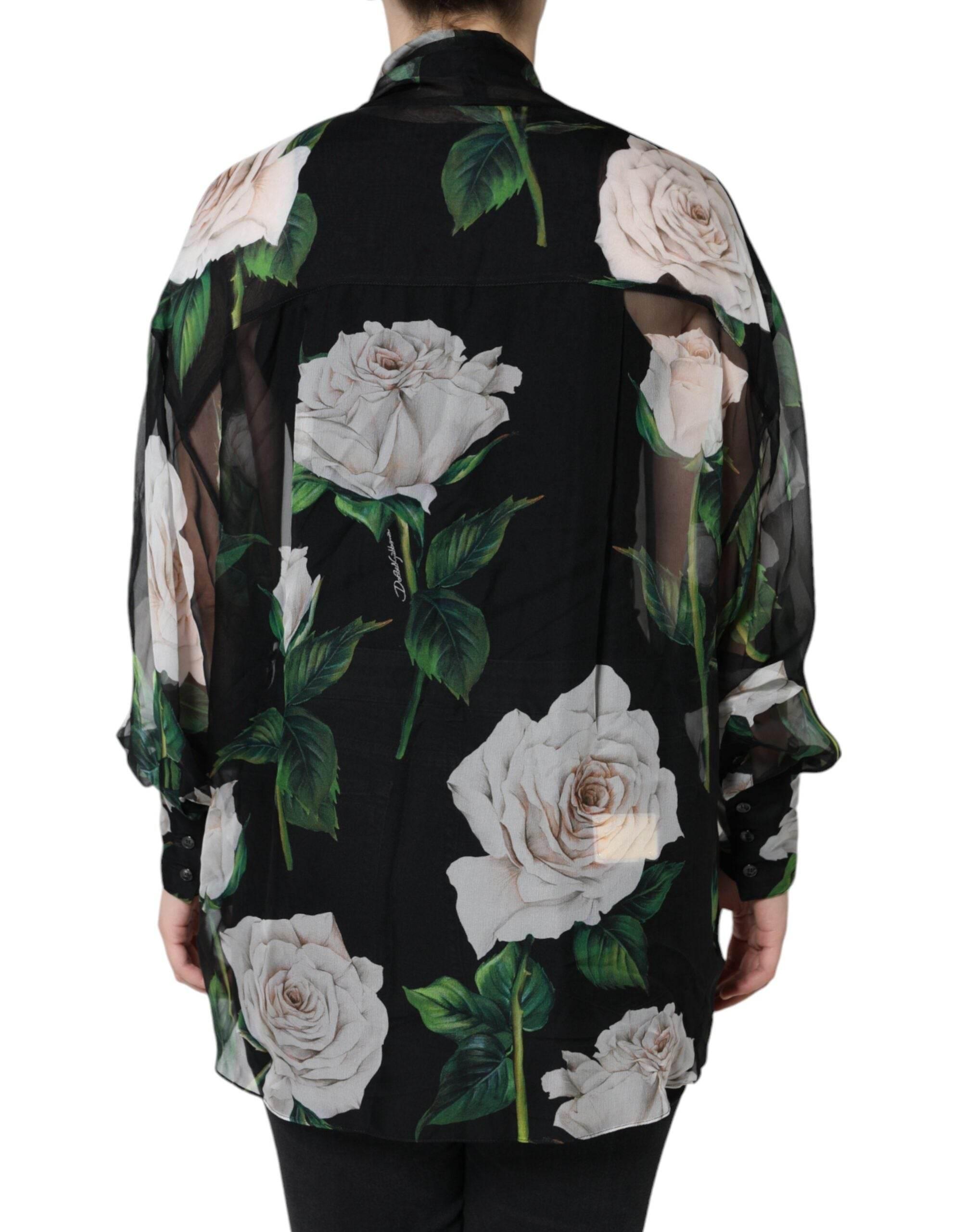 Dolce & Gabbana Black Floral Print Silk Cardigan Blouse Top - Hilstor