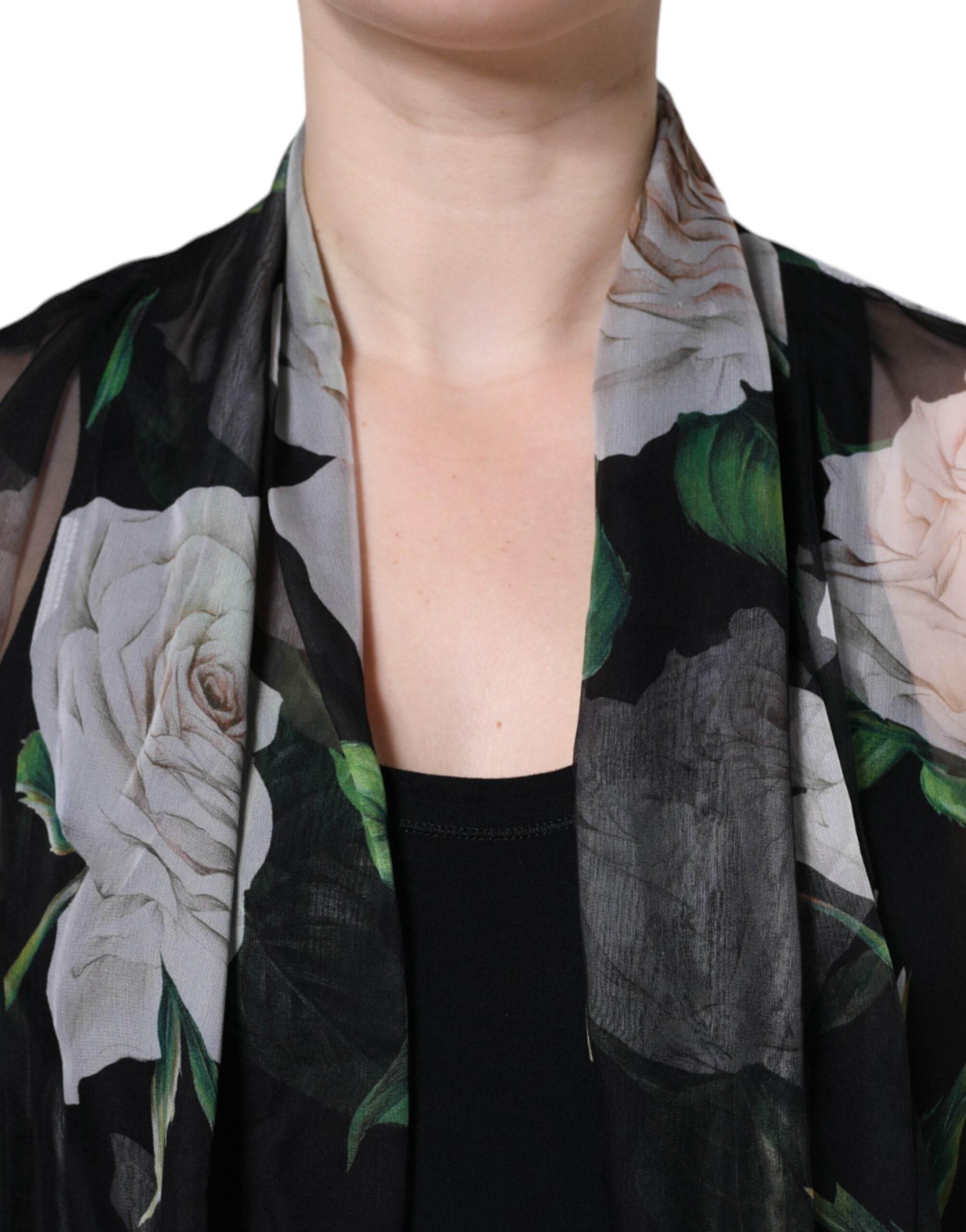 Dolce & Gabbana Black Floral Print Silk Cardigan Blouse Top - Hilstor