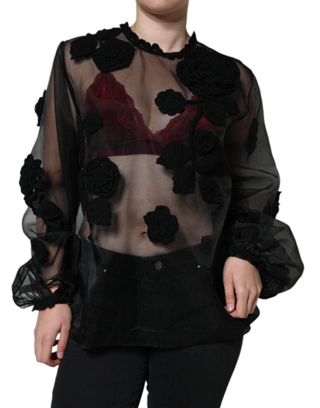 Dolce & Gabbana Black Nylon Mesh Transparent Floral Blouse - Hilstor