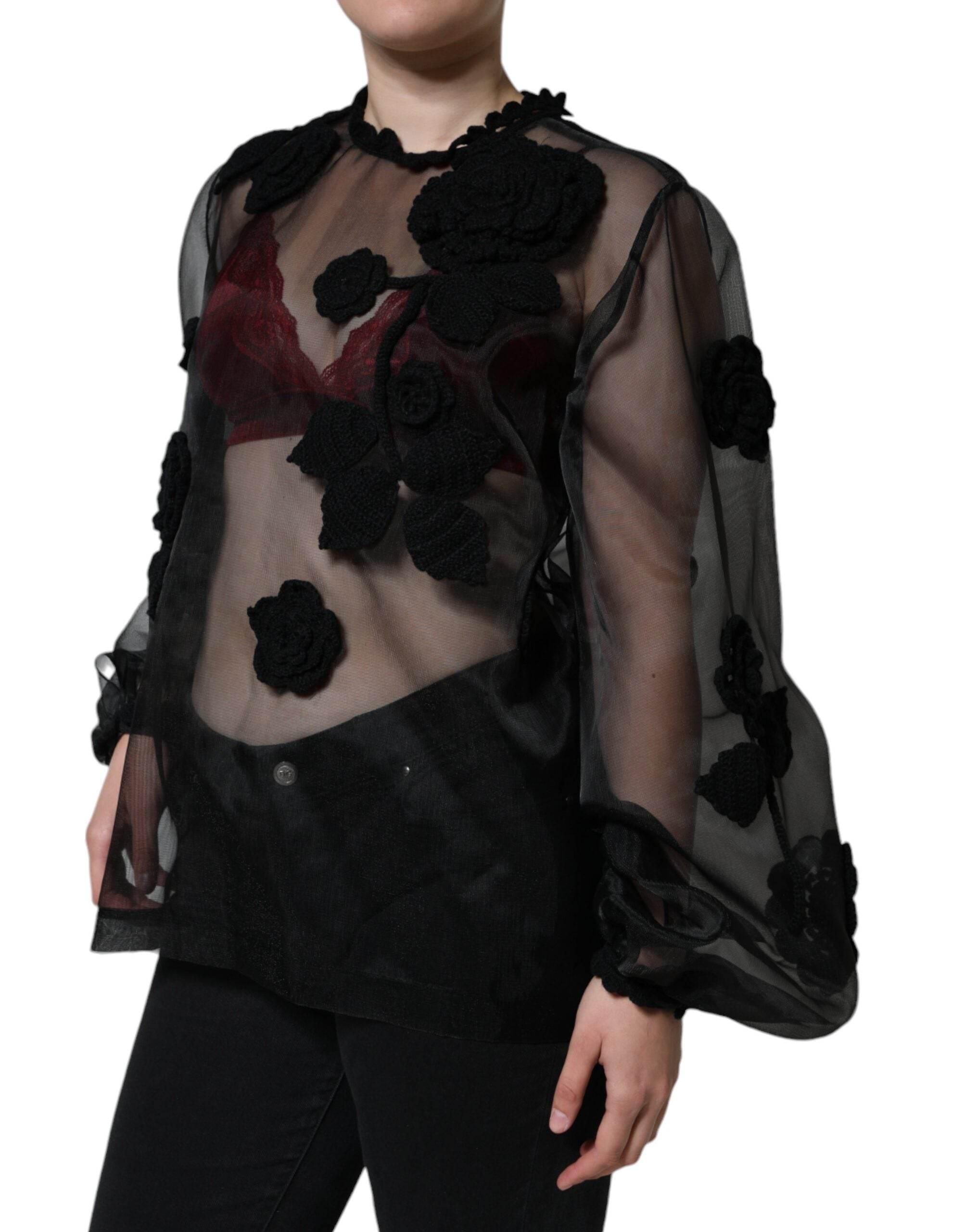 Dolce & Gabbana Black Nylon Mesh Transparent Floral Blouse - Hilstor