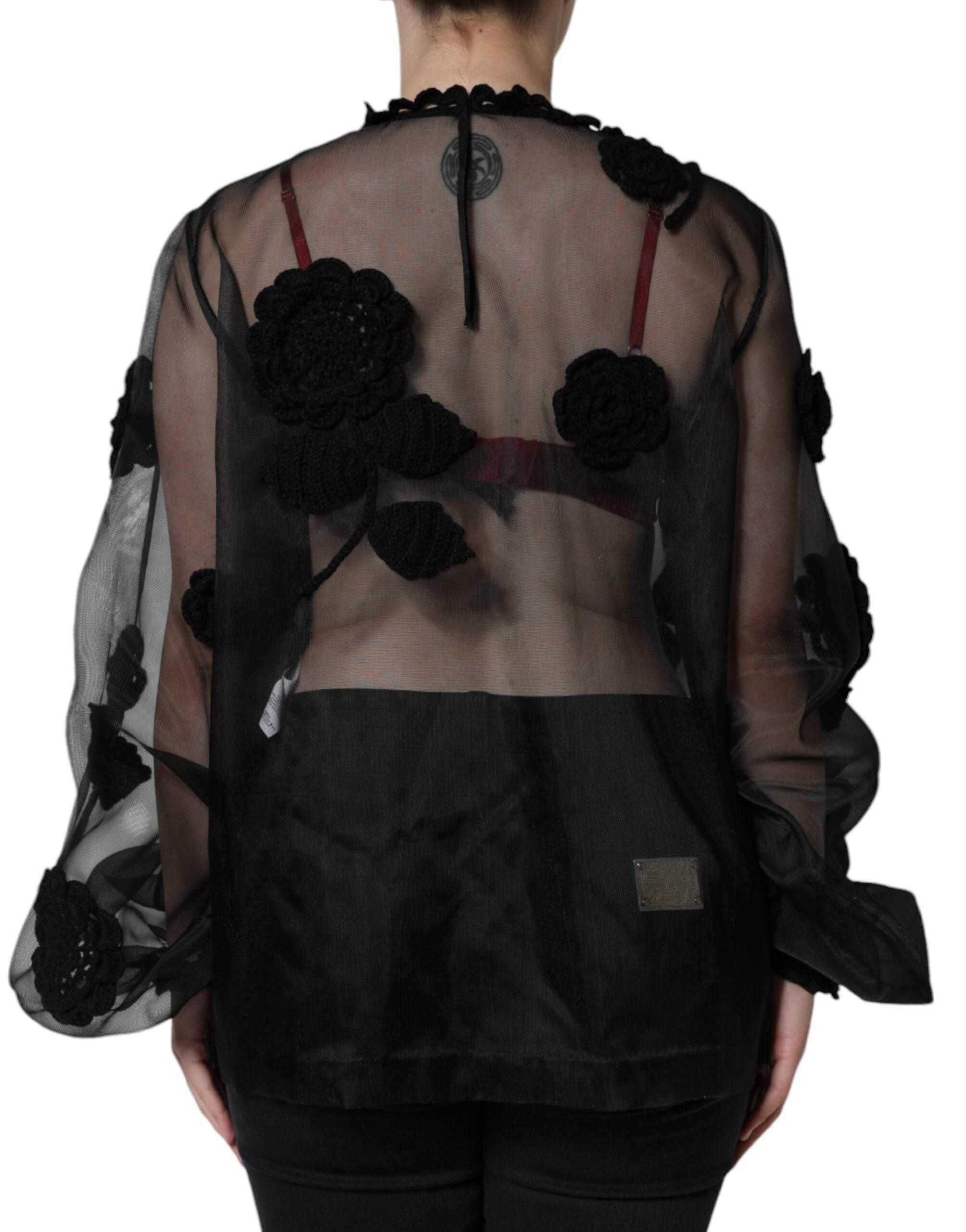 Dolce & Gabbana Black Nylon Mesh Transparent Floral Blouse - Hilstor