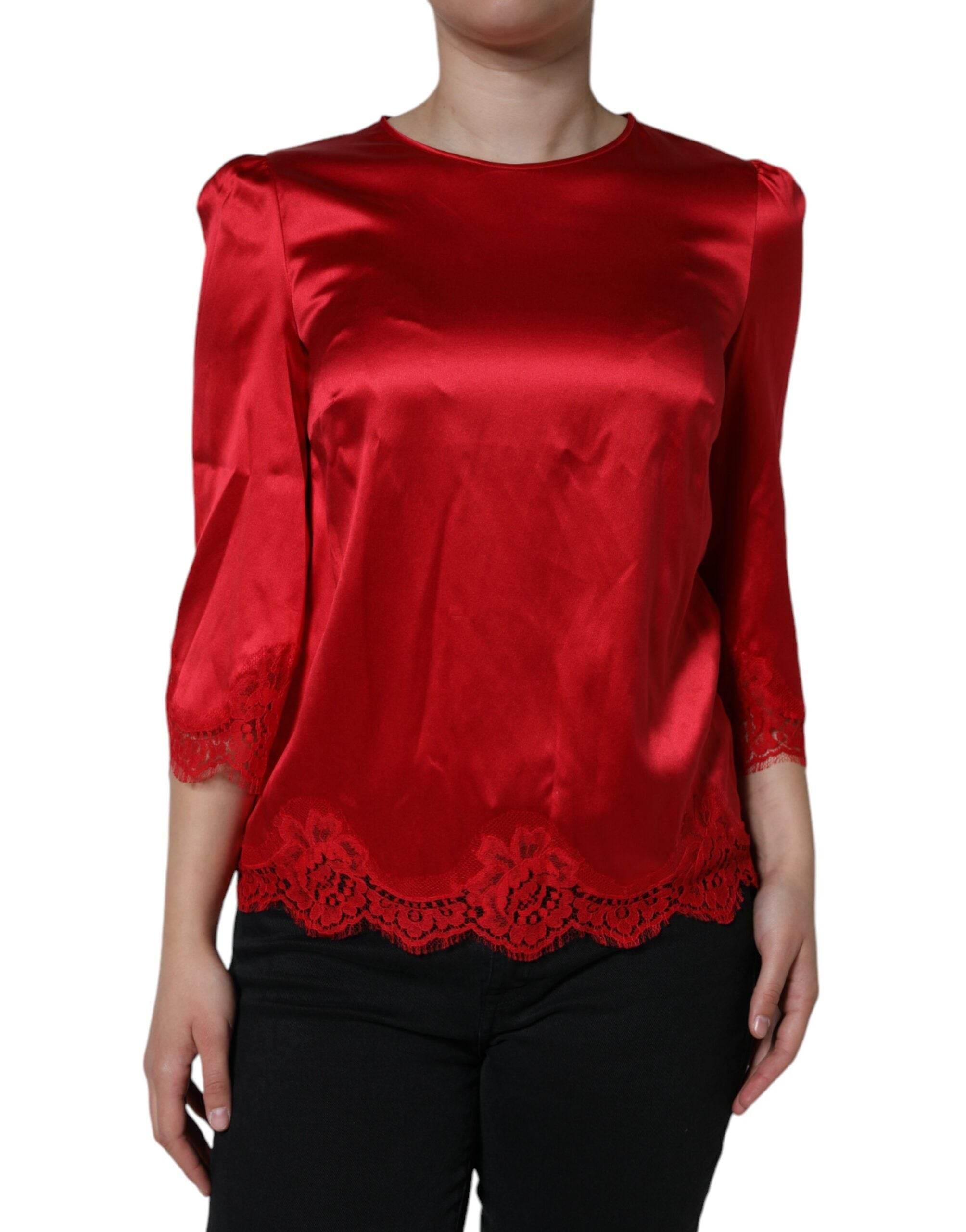 Dolce & Gabbana Red Satin Lace Trim Round Neck Blouse Top - Hilstor