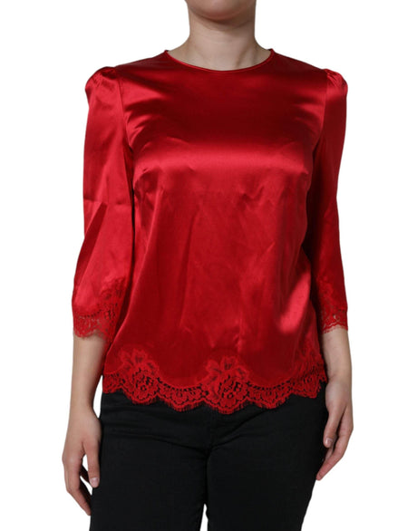 Dolce & Gabbana Red Satin Lace Trim Round Neck Blouse Top - Hilstor