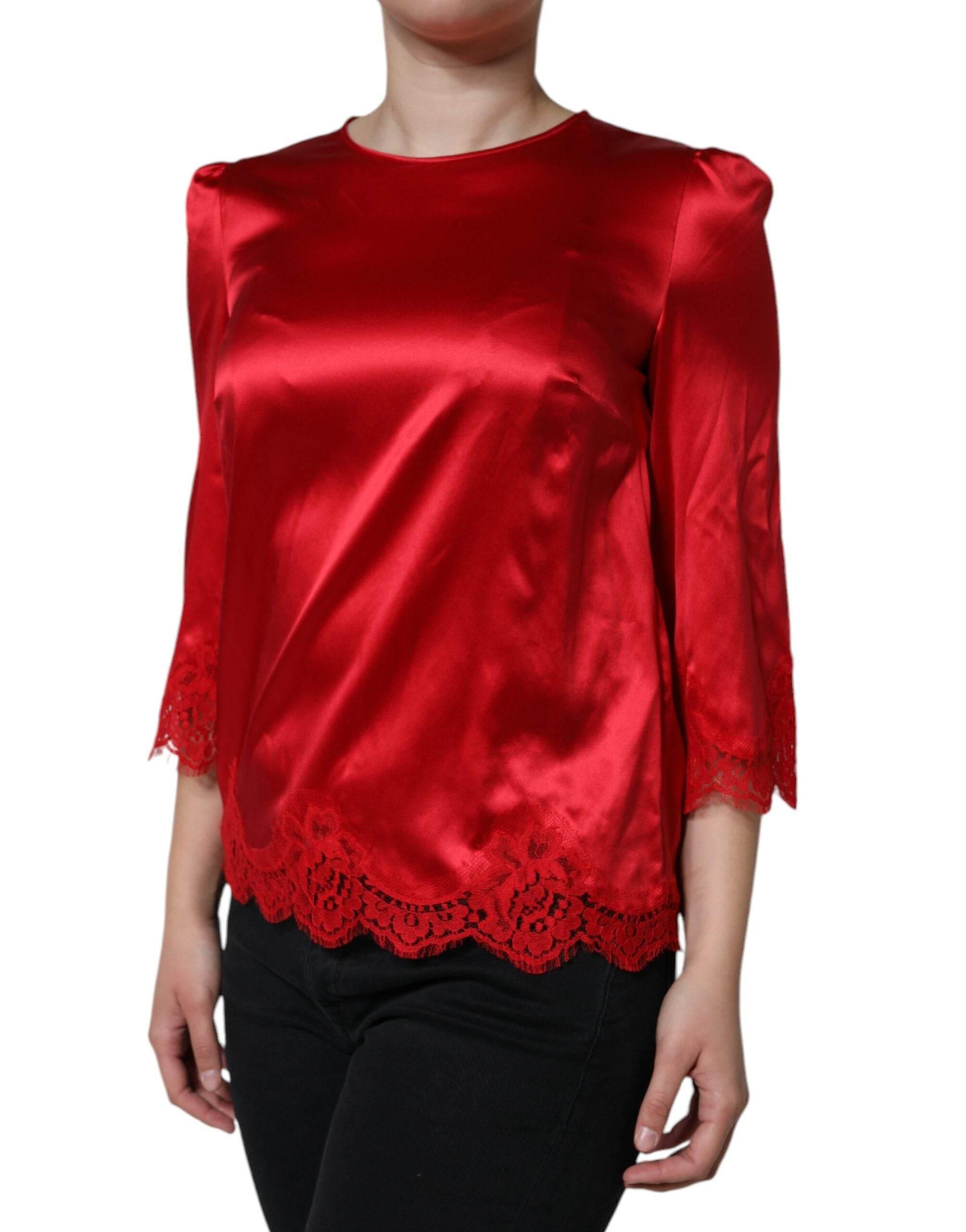Dolce & Gabbana Red Satin Lace Trim Round Neck Blouse Top - Hilstor