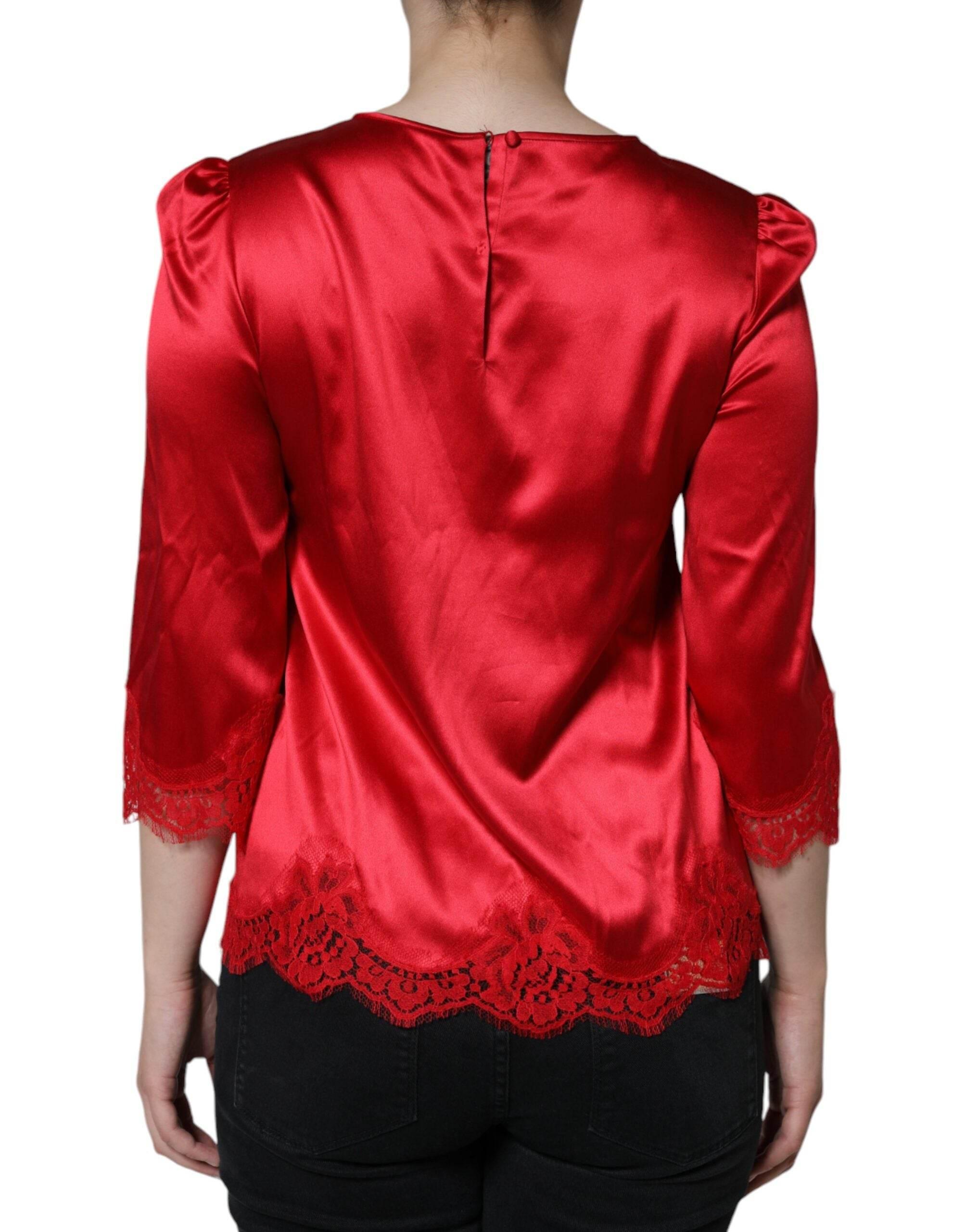 Dolce & Gabbana Red Satin Lace Trim Round Neck Blouse Top - Hilstor