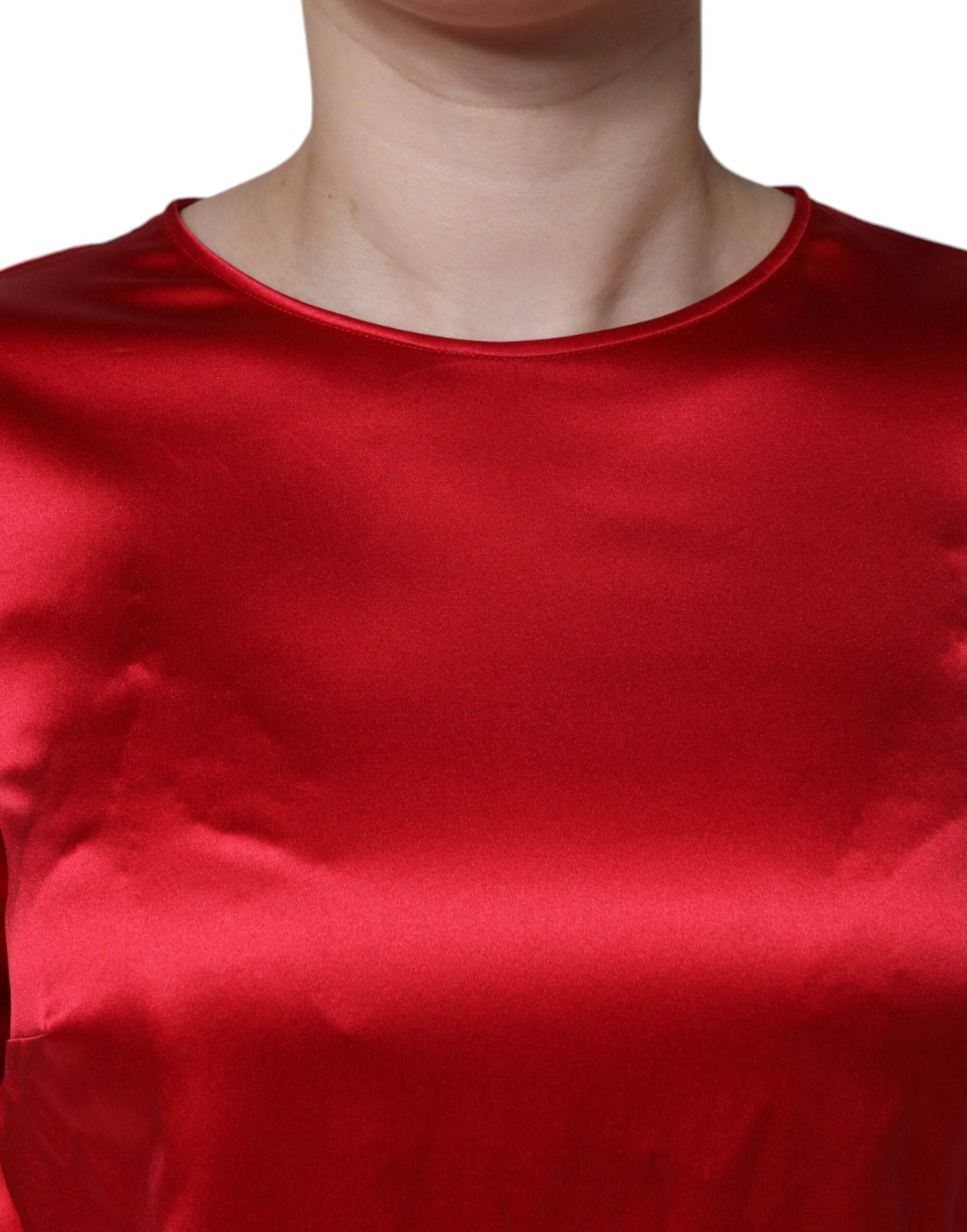 Dolce & Gabbana Red Satin Lace Trim Round Neck Blouse Top - Hilstor