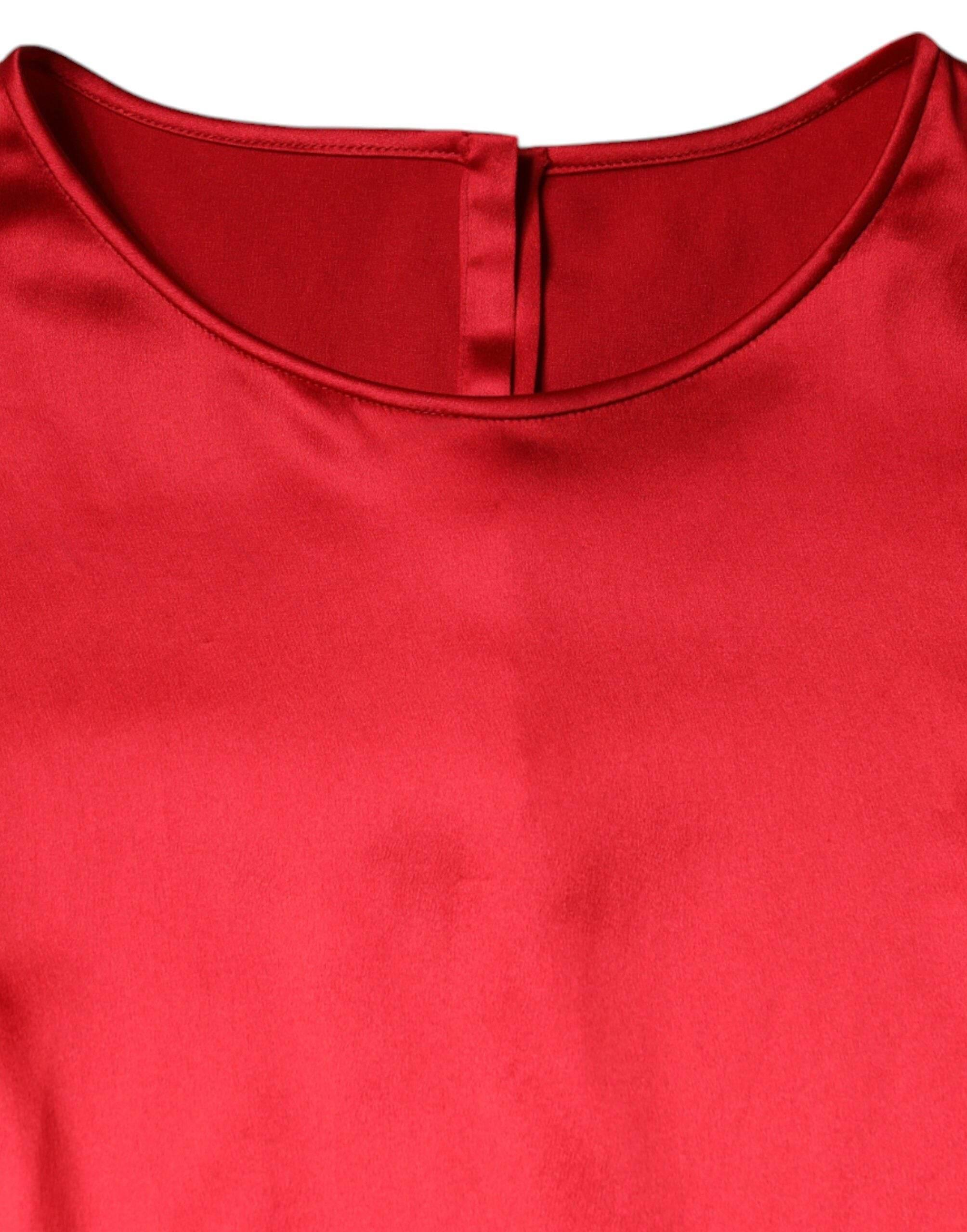 Dolce & Gabbana Red Satin Lace Trim Round Neck Blouse Top - Hilstor