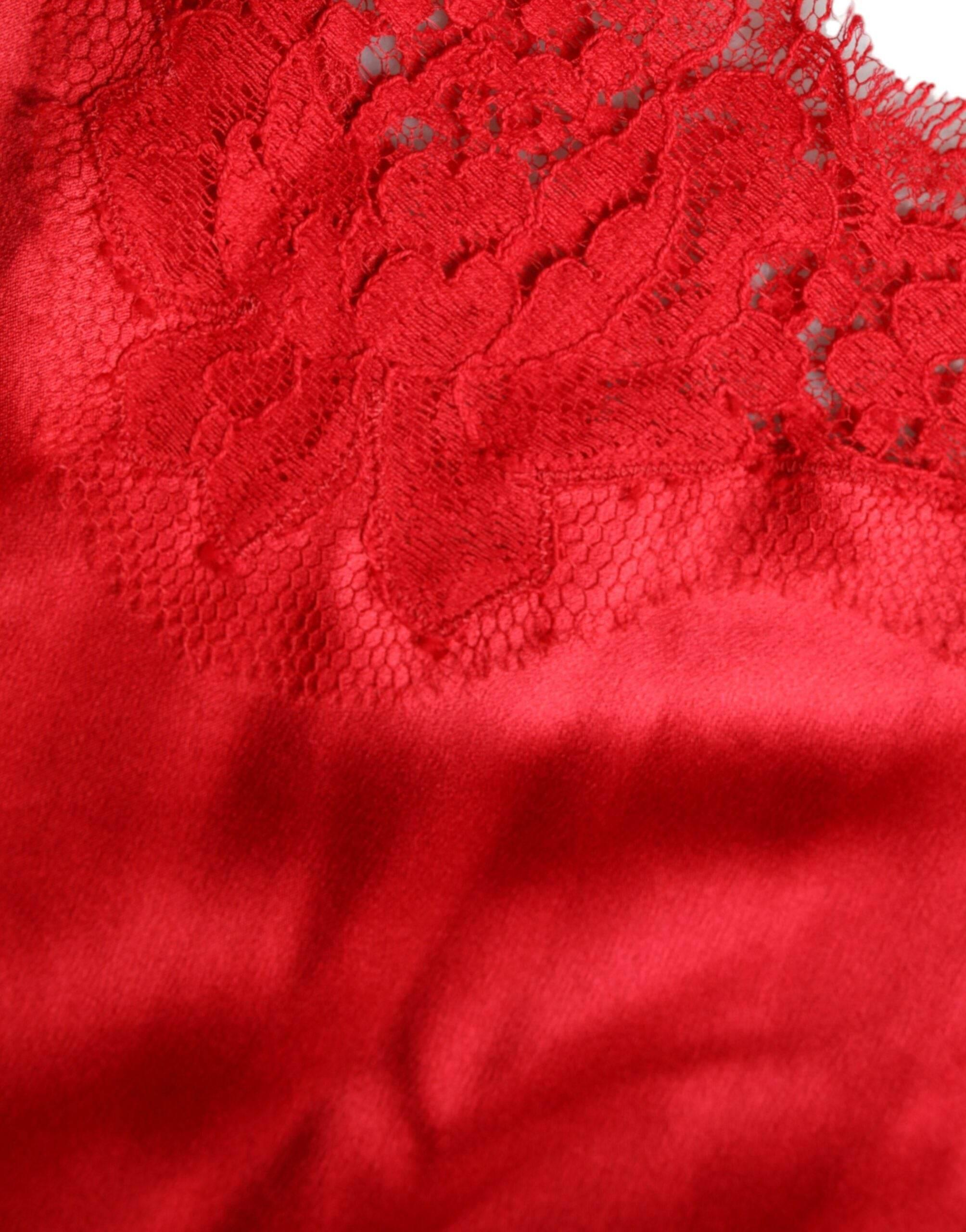 Dolce & Gabbana Red Satin Lace Trim Round Neck Blouse Top - Hilstor