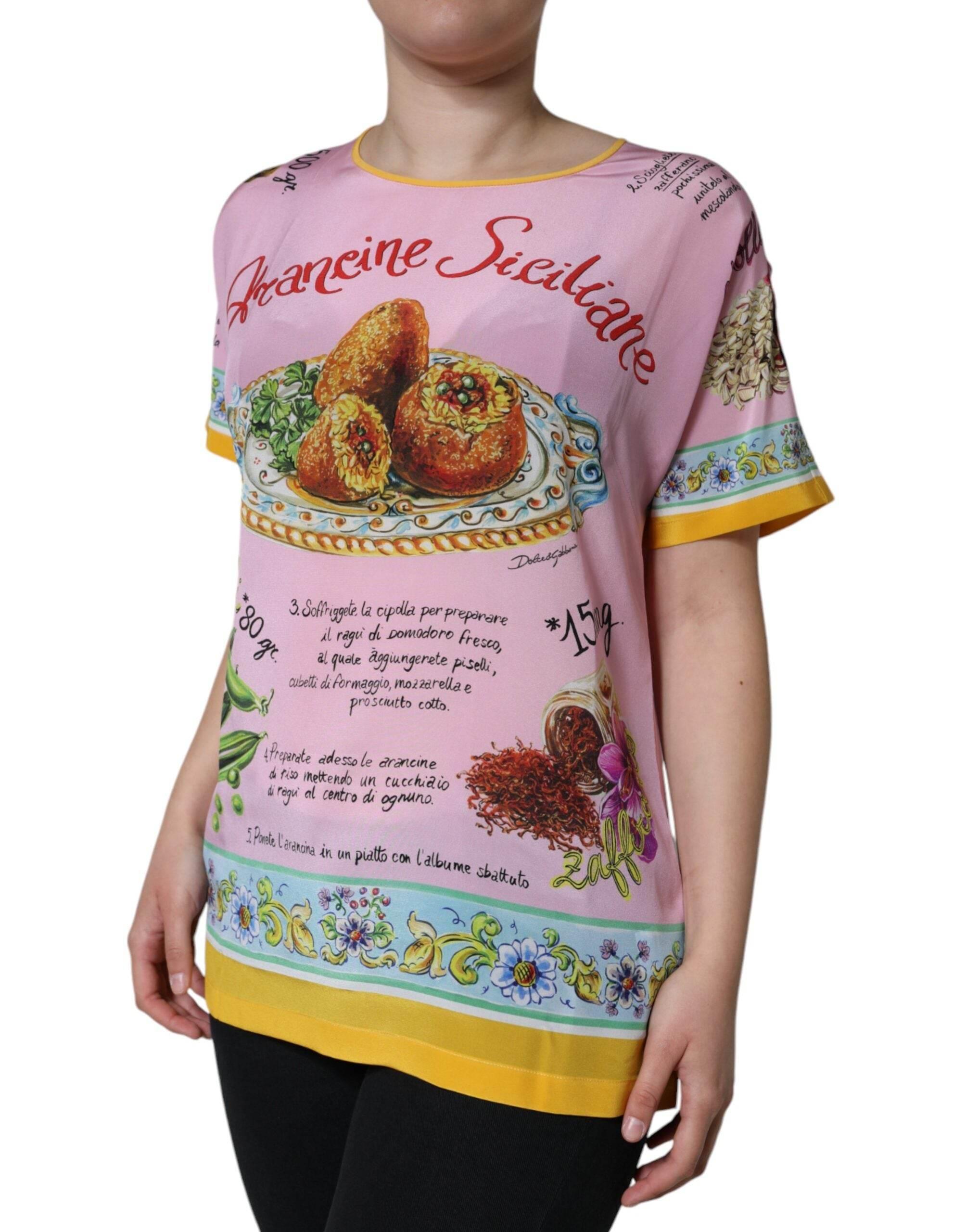 Dolce & Gabbana Pink Silk Araneine Siciliana Print Short Sleeves Top - Hilstor