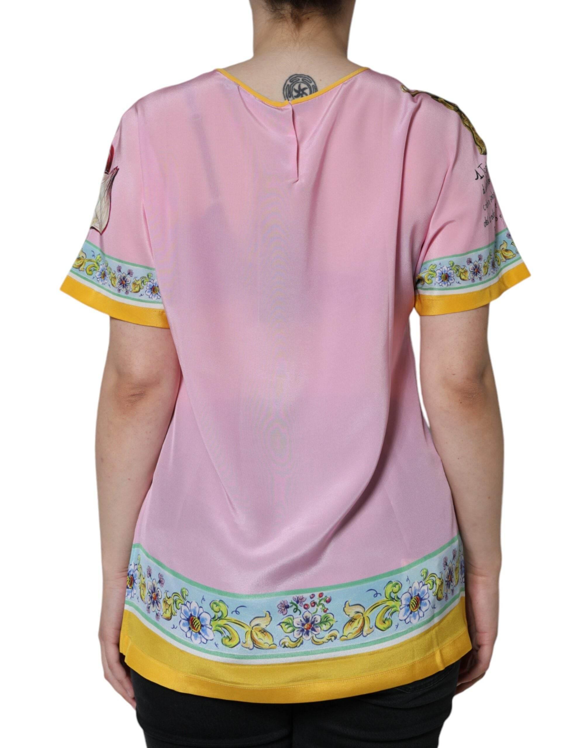 Dolce & Gabbana Pink Silk Araneine Siciliana Print Short Sleeves Top - Hilstor