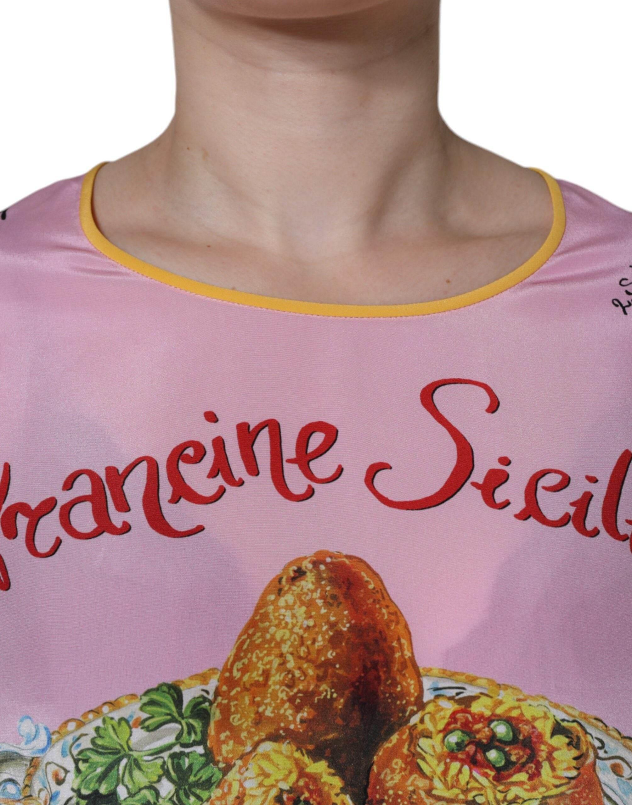 Dolce & Gabbana Pink Silk Araneine Siciliana Print Short Sleeves Top - Hilstor