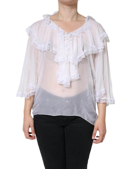 Dolce & Gabbana White Ruffles Lace Long Sleeve Blouse Top - Hilstor