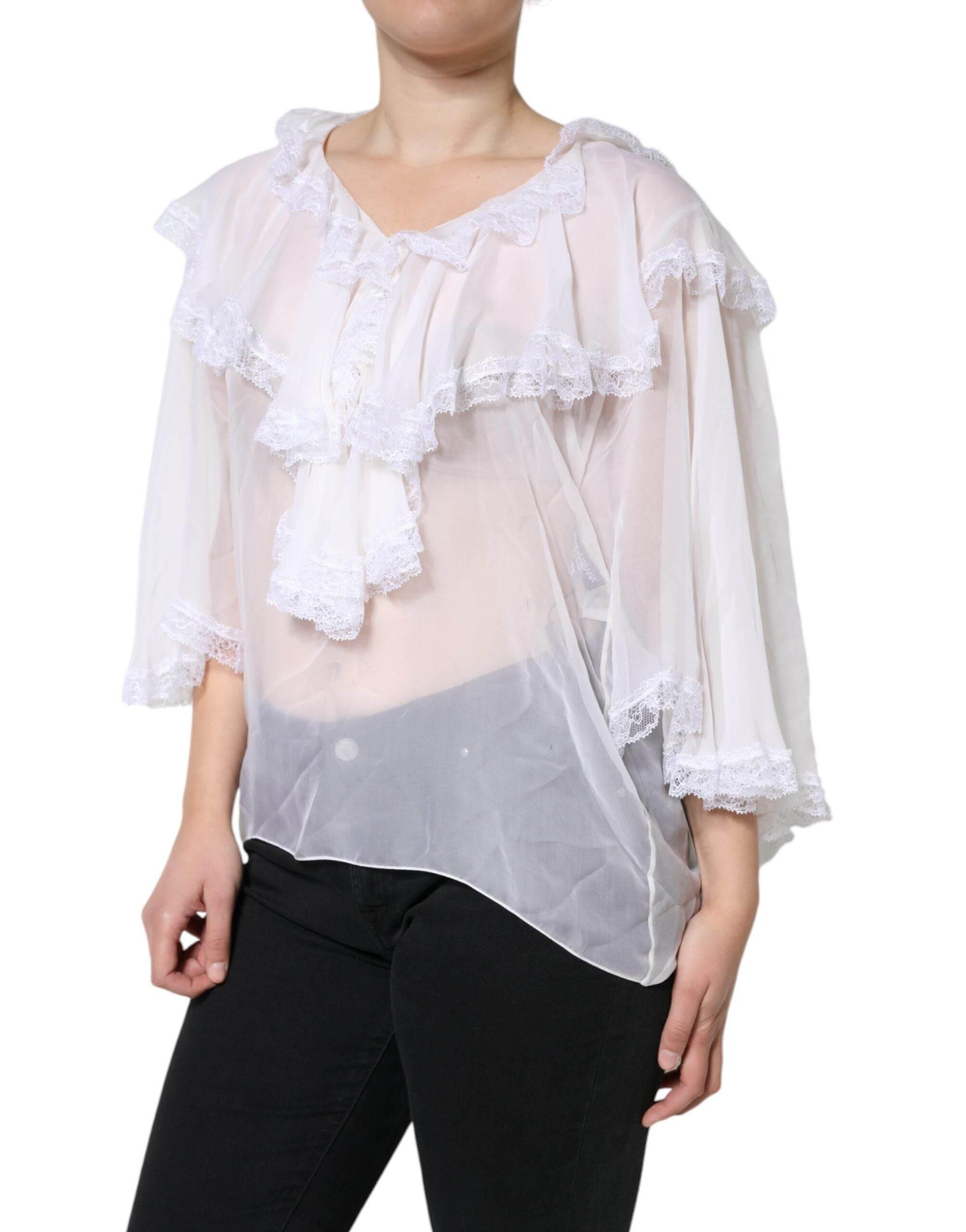 Dolce & Gabbana White Ruffles Lace Long Sleeve Blouse Top - Hilstor