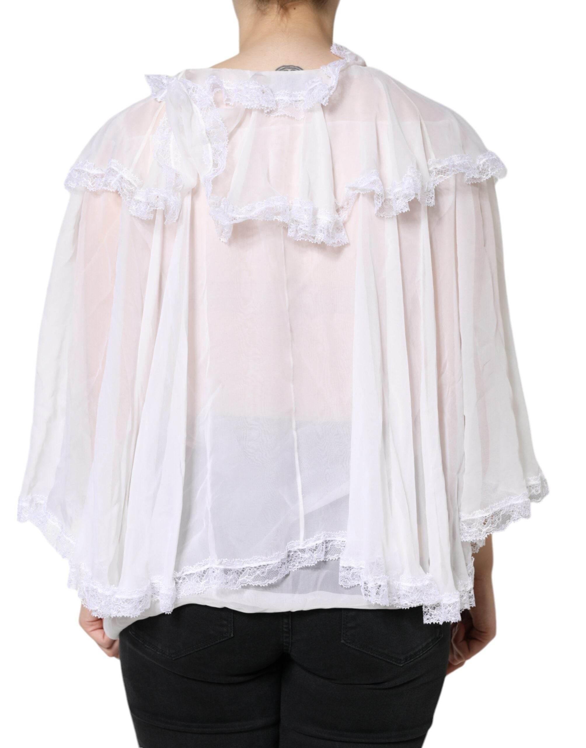 Dolce & Gabbana White Ruffles Lace Long Sleeve Blouse Top - Hilstor