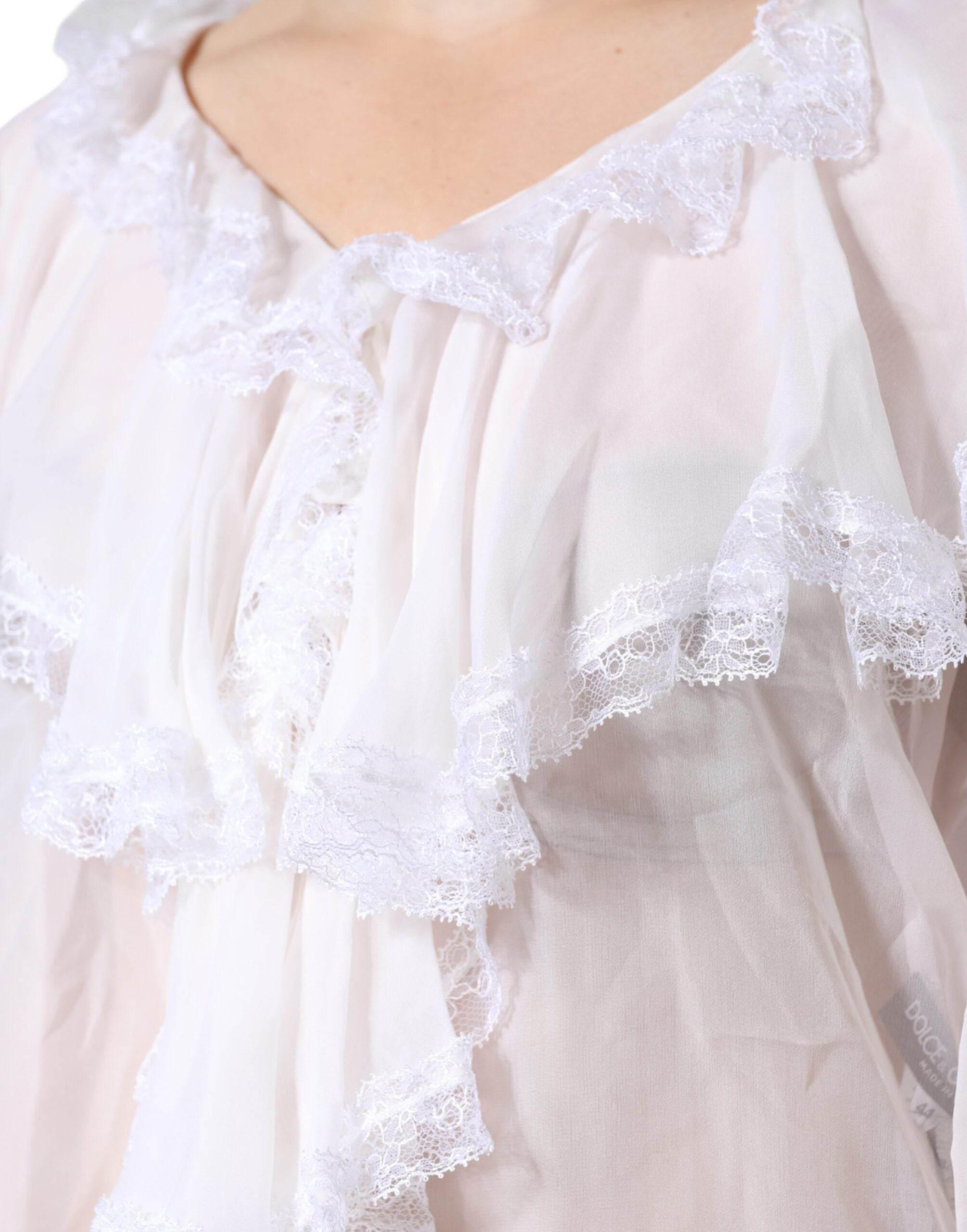 Dolce & Gabbana White Ruffles Lace Long Sleeve Blouse Top - Hilstor