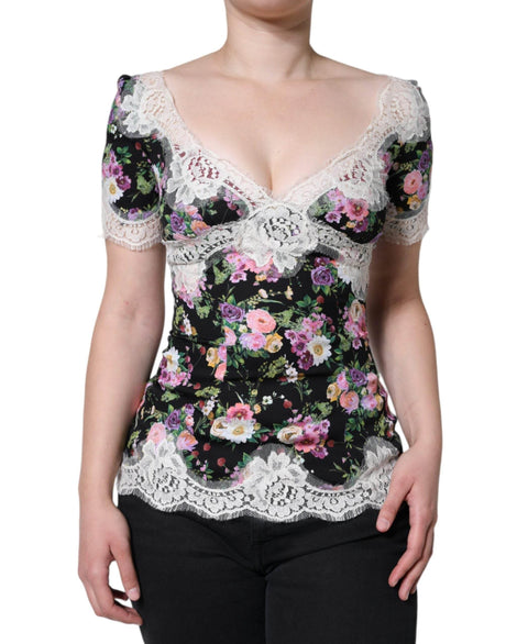 Dolce & Gabbana Black Floral Lace Short Sleeves Blouse Top - Hilstor