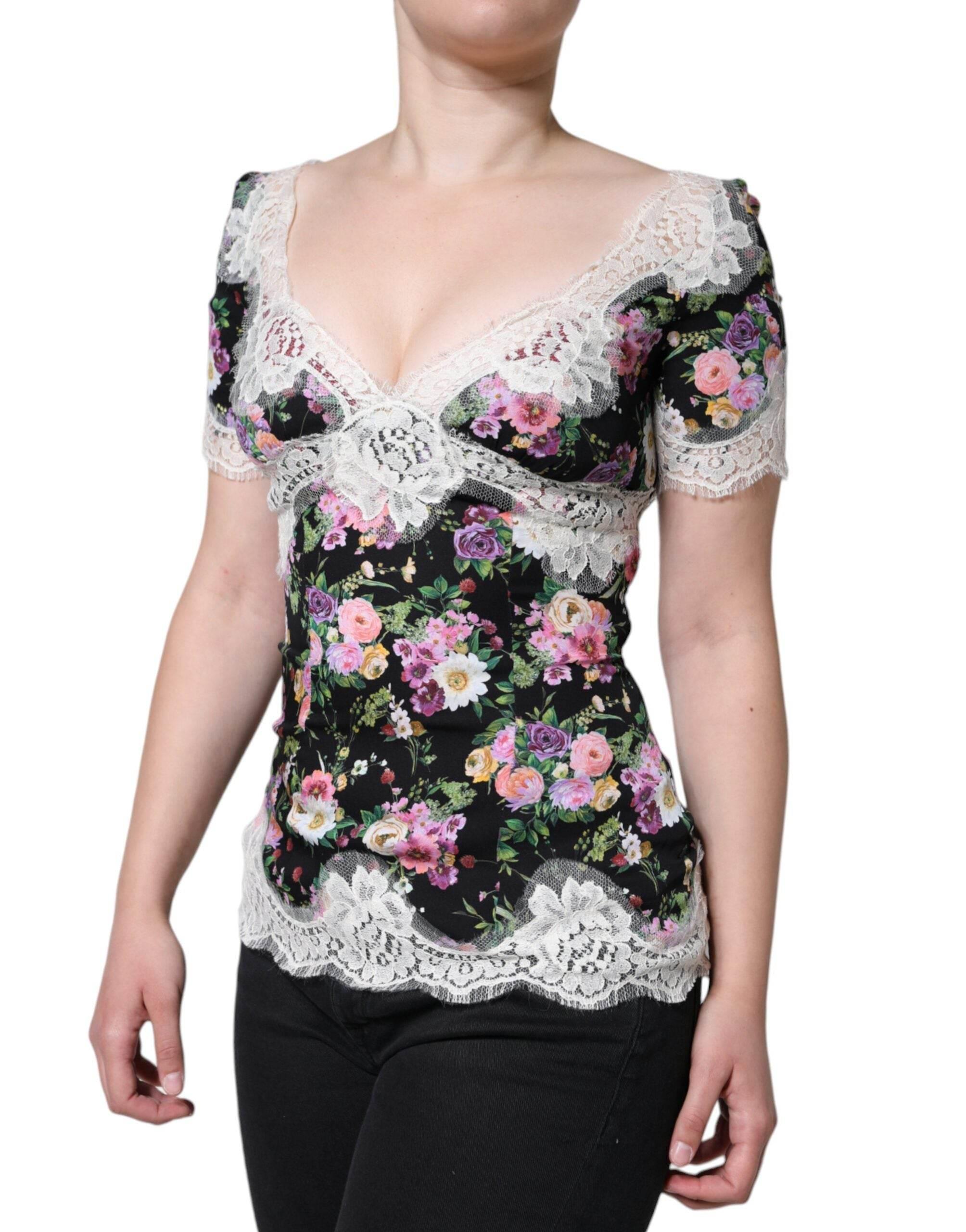 Dolce & Gabbana Black Floral Lace Short Sleeves Blouse Top - Hilstor