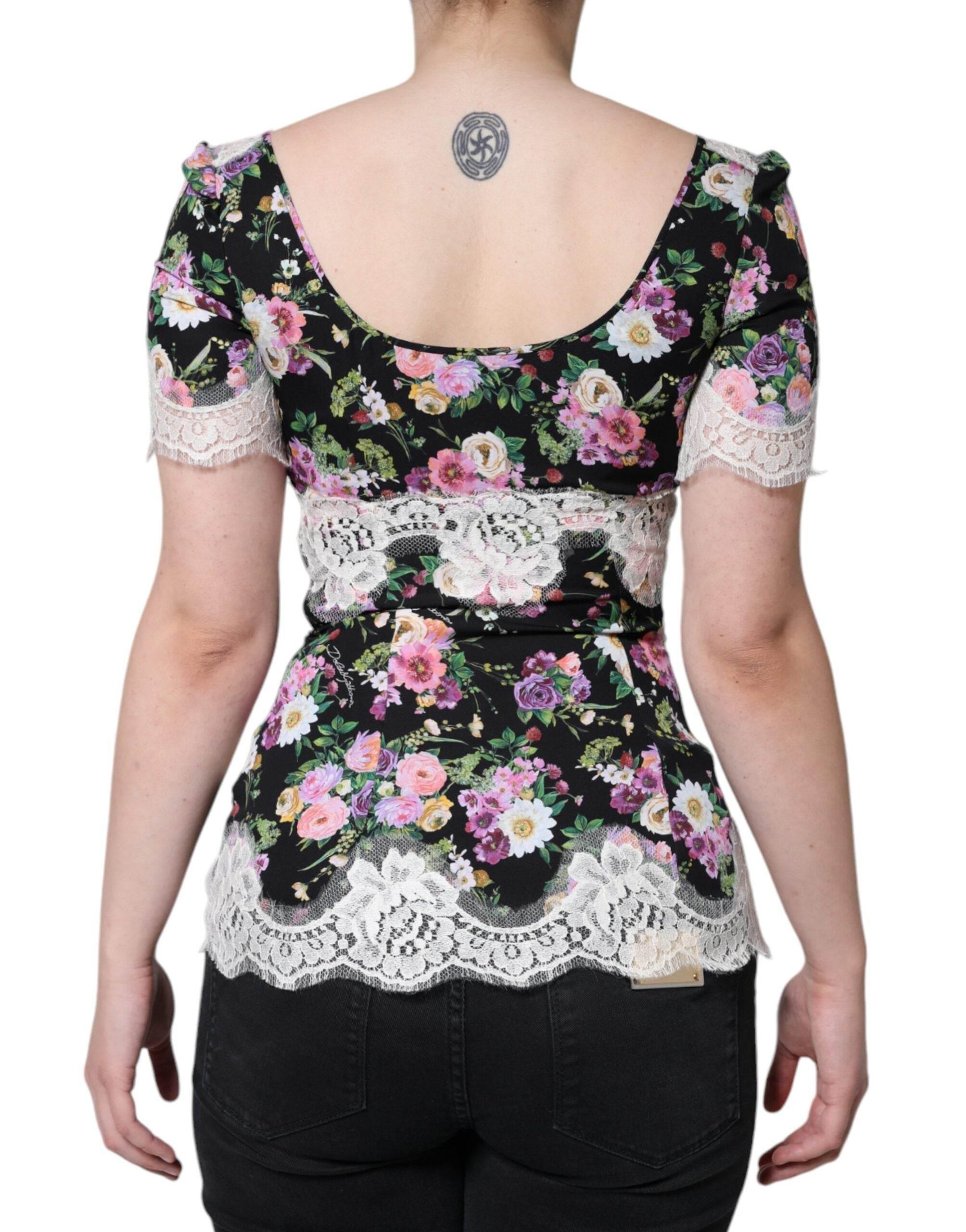 Dolce & Gabbana Black Floral Lace Short Sleeves Blouse Top - Hilstor