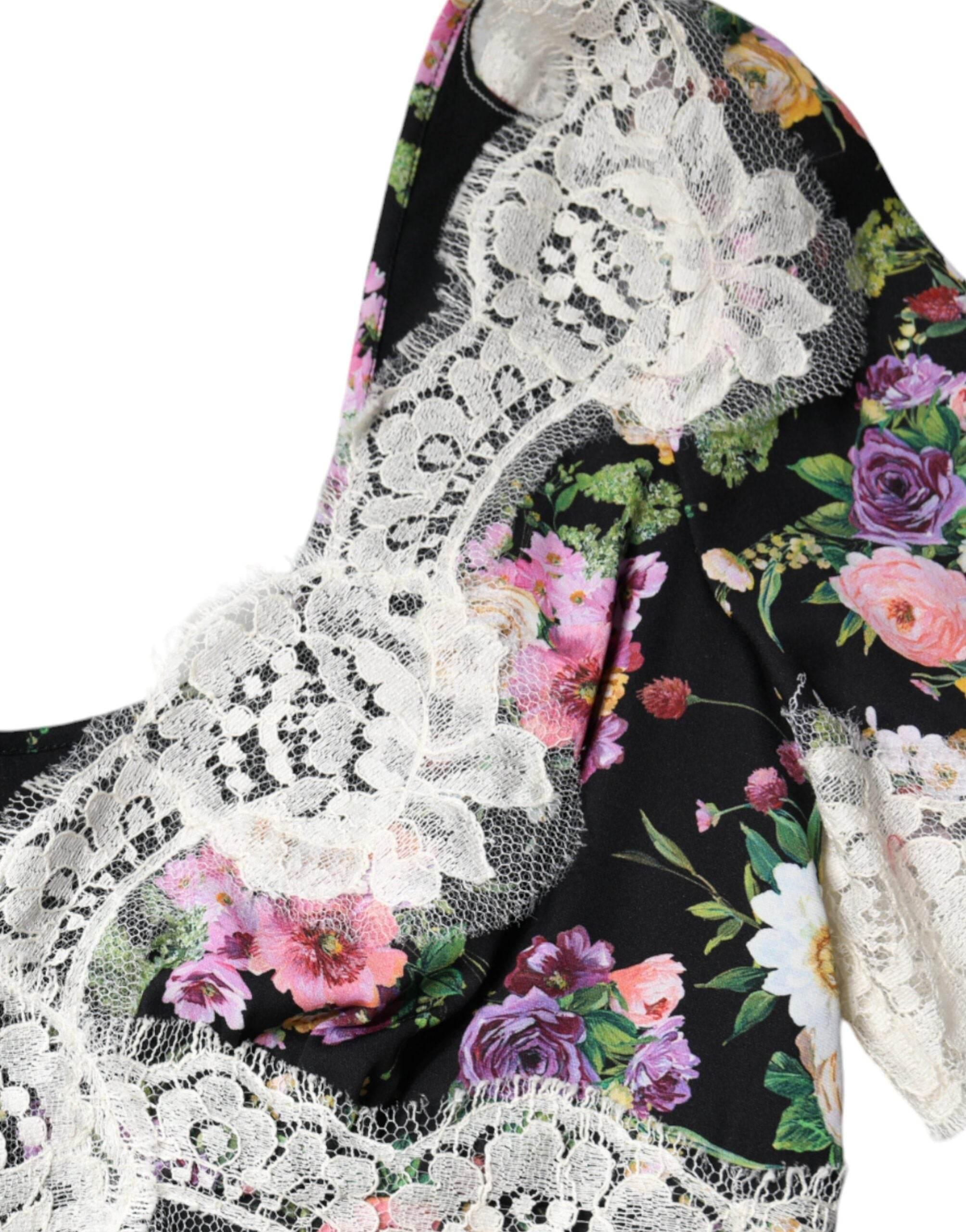 Dolce & Gabbana Black Floral Lace Short Sleeves Blouse Top - Hilstor