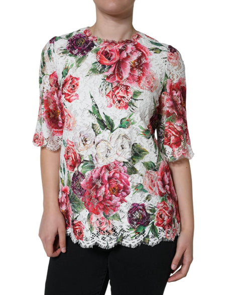 Dolce & Gabbana White Peony Lace Short Sleeves Blouse Top - Hilstor