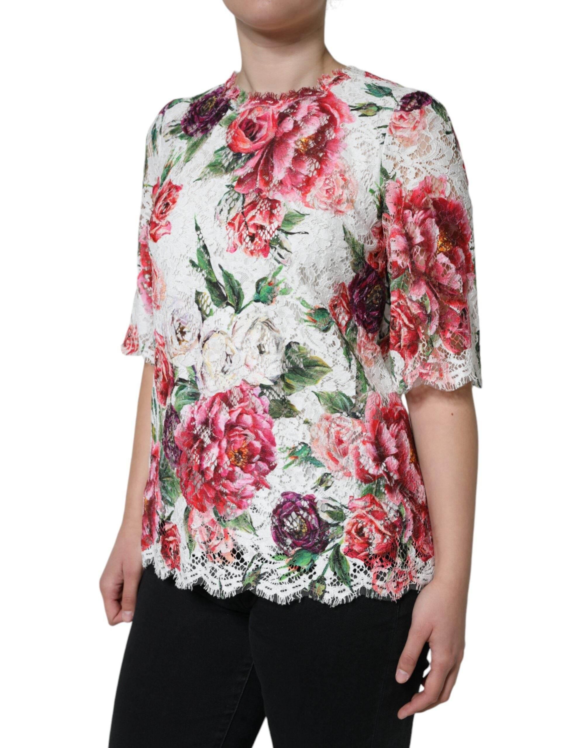 Dolce & Gabbana White Peony Lace Short Sleeves Blouse Top - Hilstor