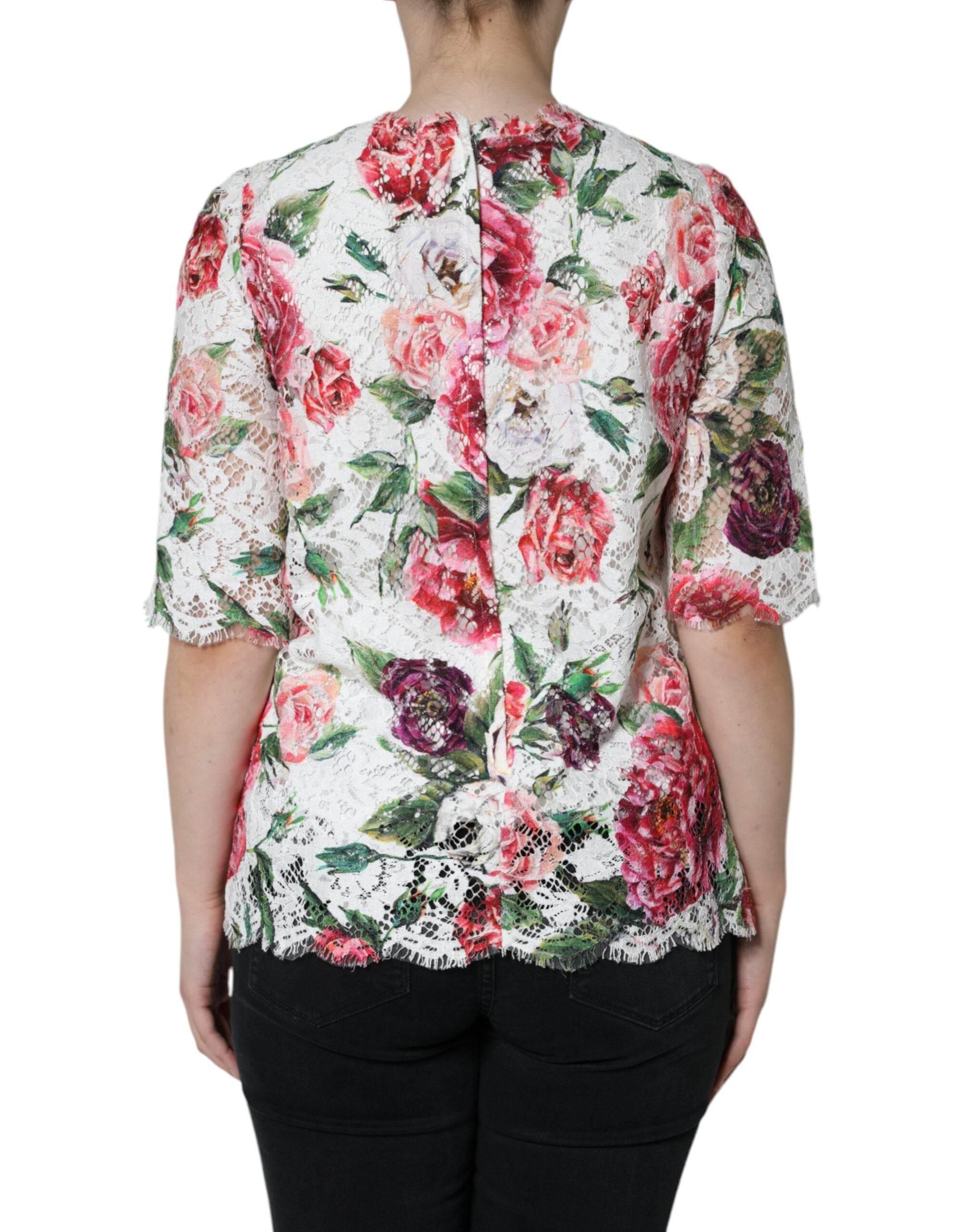 Dolce & Gabbana White Peony Lace Short Sleeves Blouse Top - Hilstor