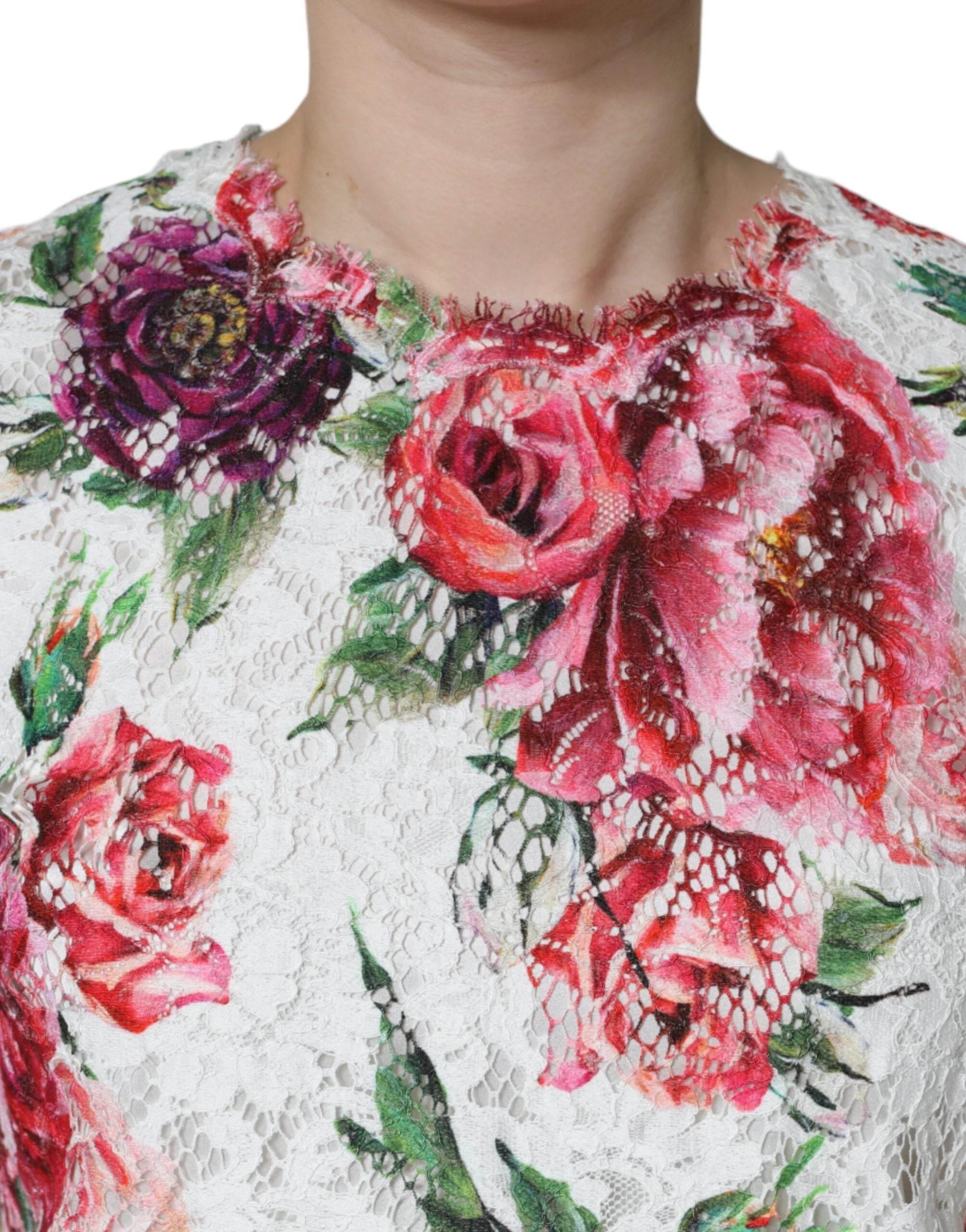 Dolce & Gabbana White Peony Lace Short Sleeves Blouse Top - Hilstor