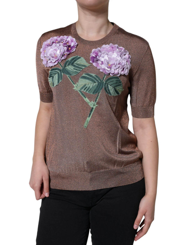 Dolce & Gabbana Brown Floral Applique Viscose Short Sleeve Top - Hilstor