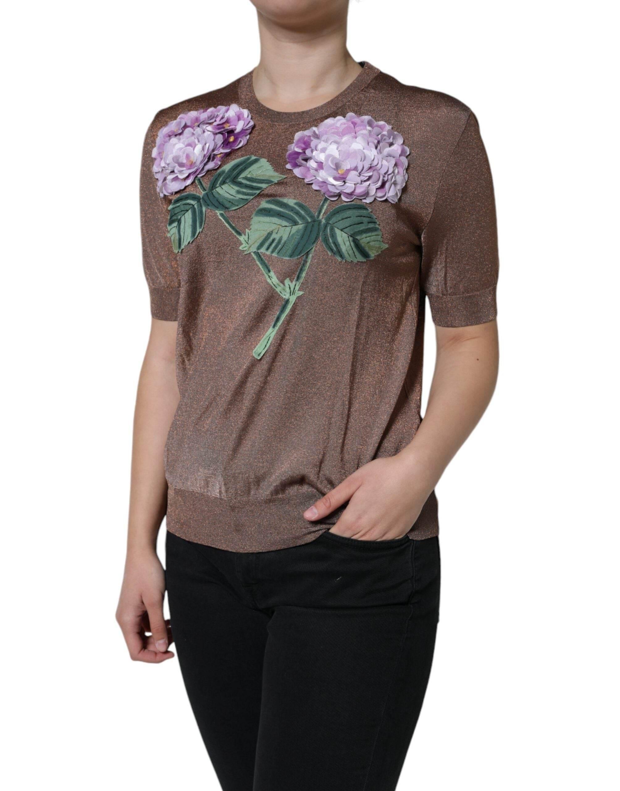 Dolce & Gabbana Brown Floral Applique Viscose Short Sleeve Top - Hilstor