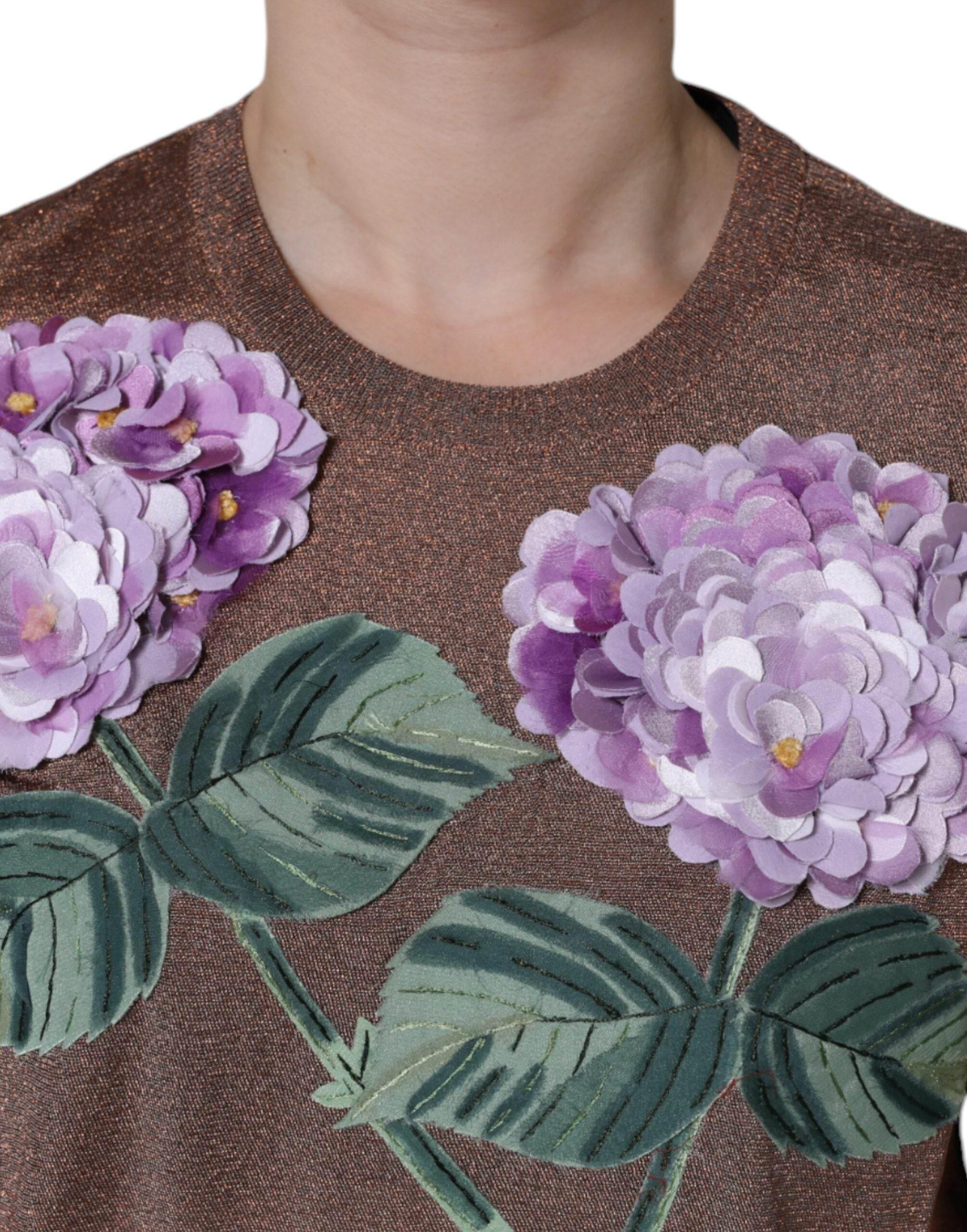 Dolce & Gabbana Brown Floral Applique Viscose Short Sleeve Top - Hilstor