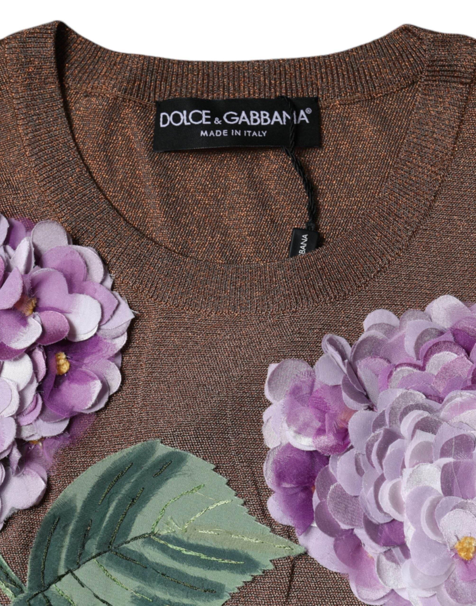 Dolce & Gabbana Brown Floral Applique Viscose Short Sleeve Top - Hilstor