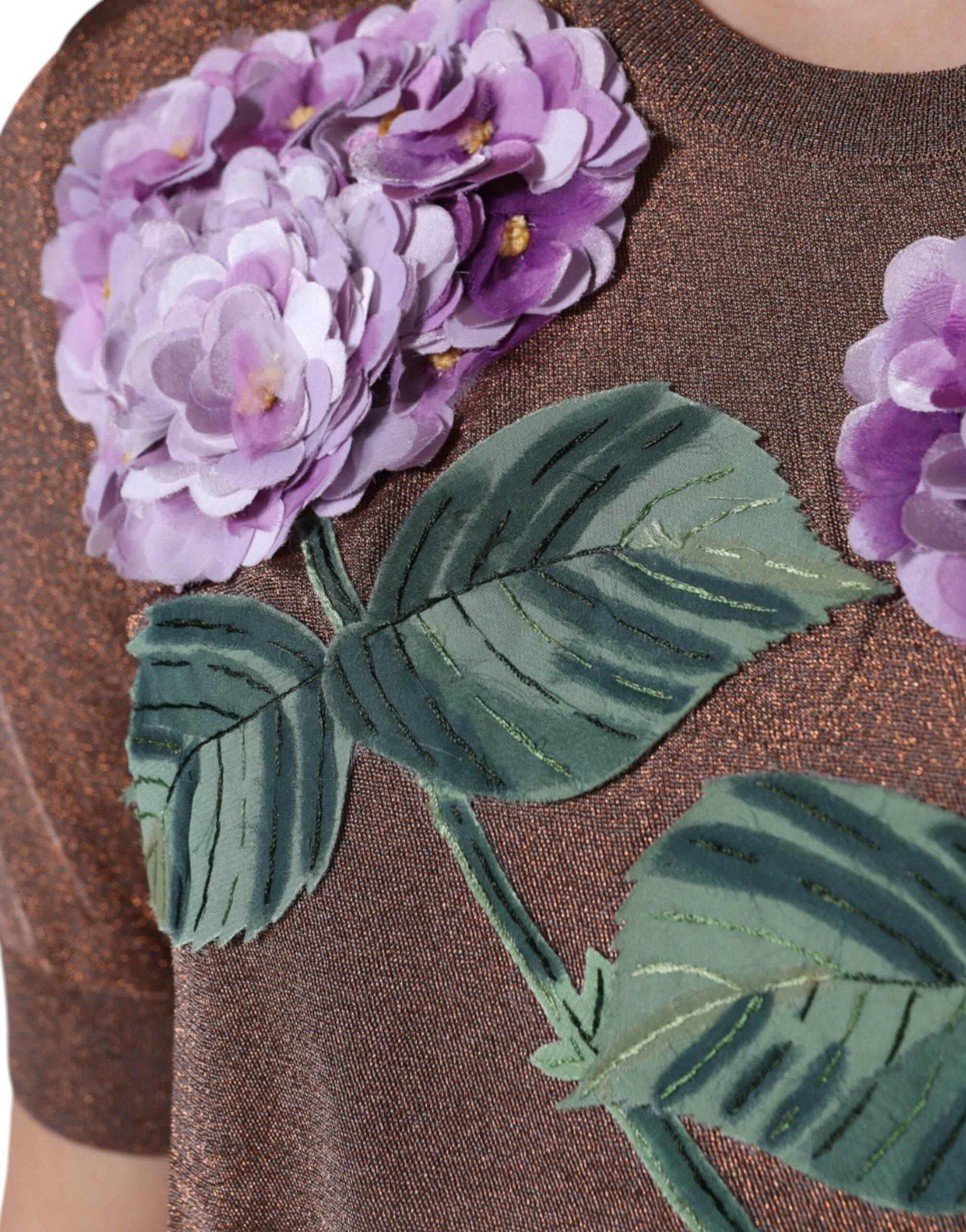 Dolce & Gabbana Brown Floral Applique Viscose Short Sleeve Top - Hilstor