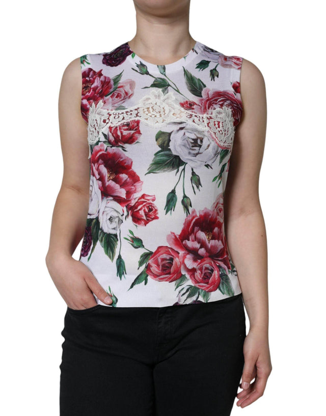 Dolce & Gabbana White Floral Lace Silk Sleeveless Tank Top - Hilstor