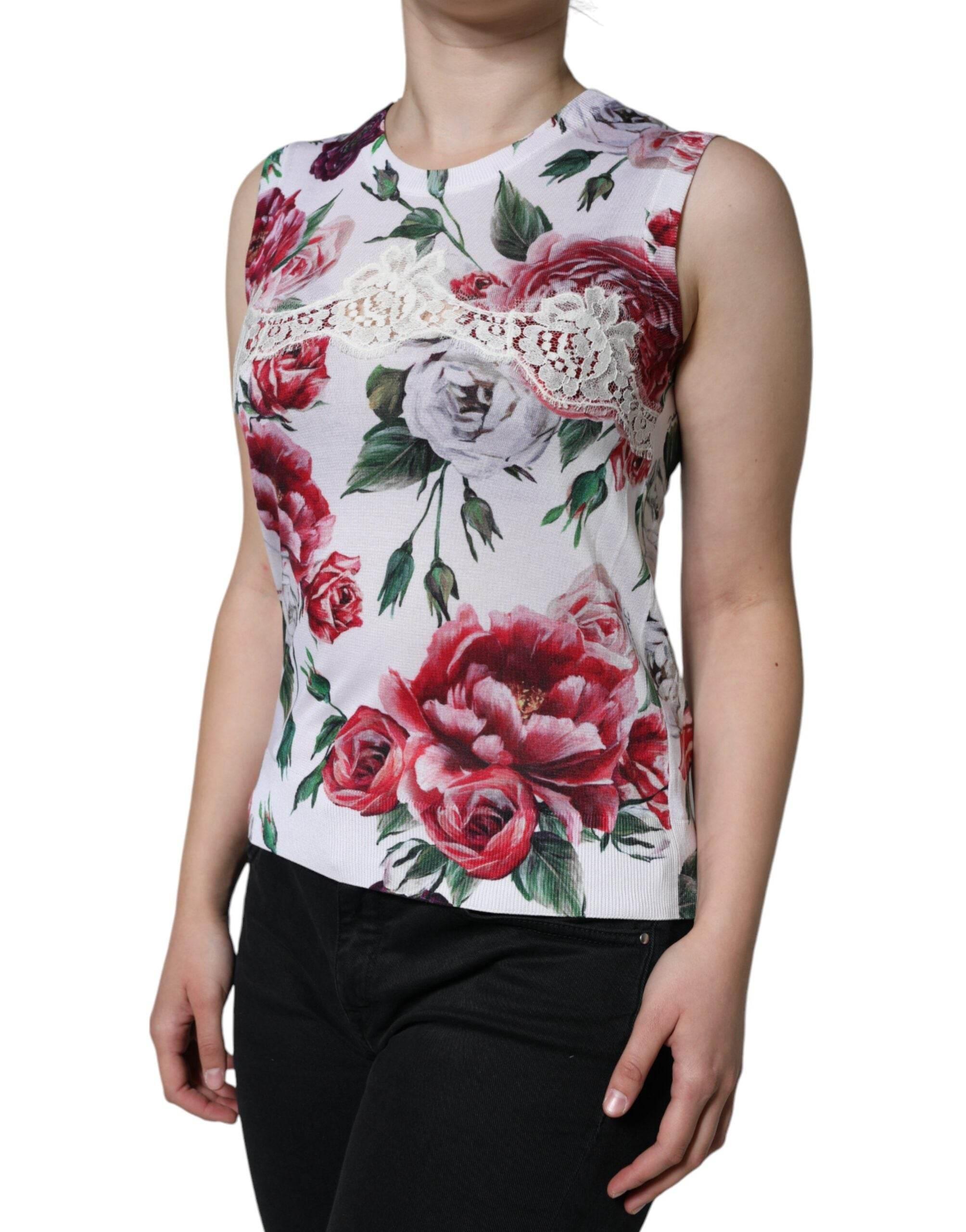Dolce & Gabbana White Floral Lace Silk Sleeveless Tank Top - Hilstor